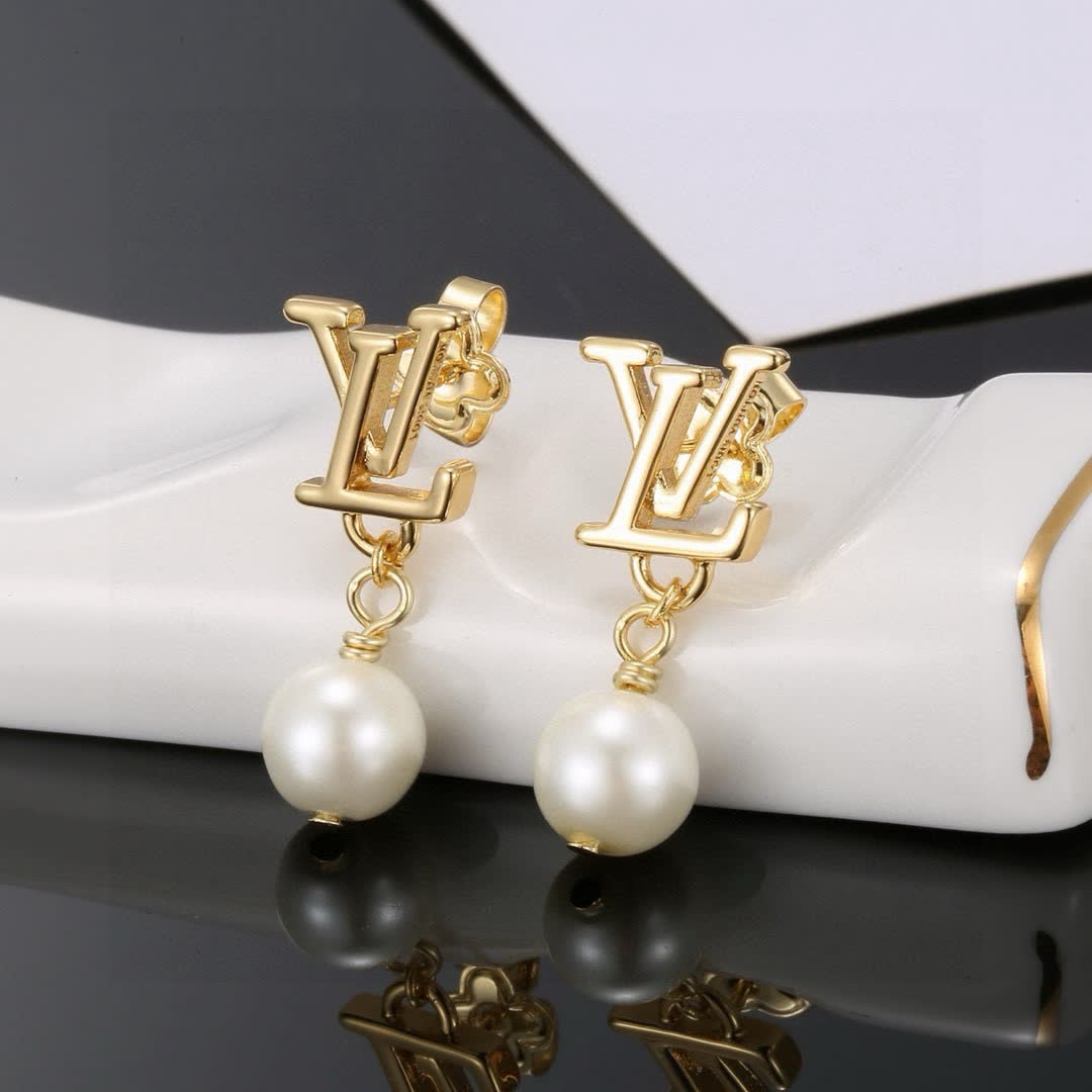 Louis Vuitton Gold 'LV' Logo Pearl Drop Earrings